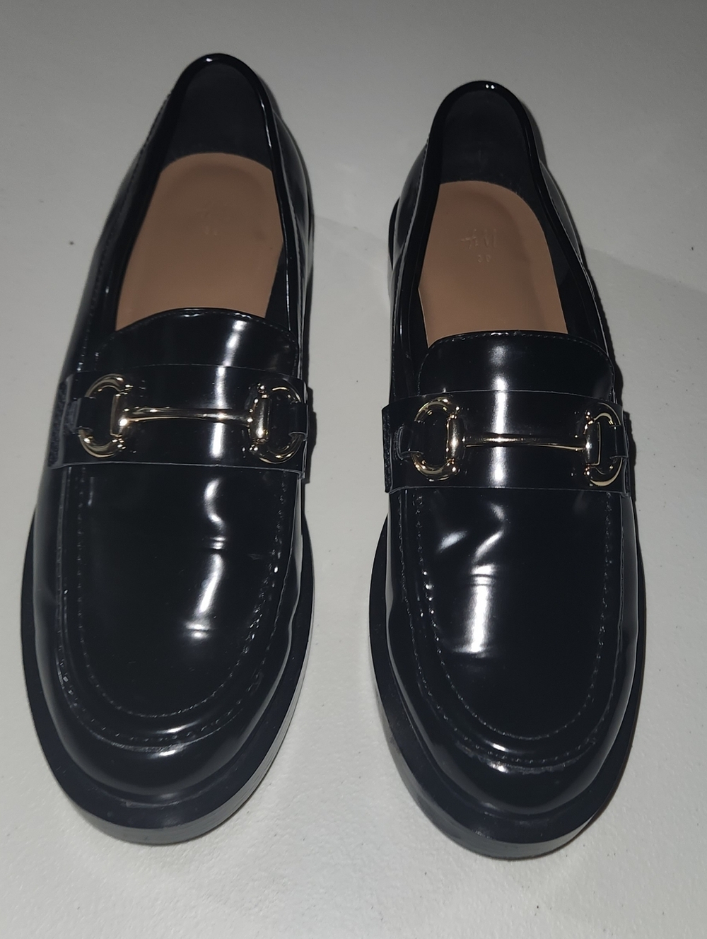 ‼️MAKE AN OFFER‼️H&M Black Patent Loafers with Gold Accents Size US 8.5 Women